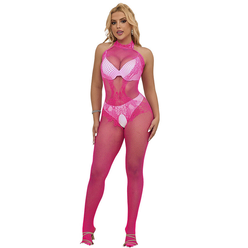 SUBBLIME – 952389 BODYSTOCKING A RETE E PIZZO SENZA CAVALLO CON COLLO ALTO ROSA TAGLIA UNICA