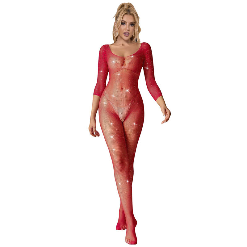 SUBBLIME – 952419 BODYSTOCKING A RETE CON STRASS MANICA LUNGA ROSSO TAGLIA UNICA