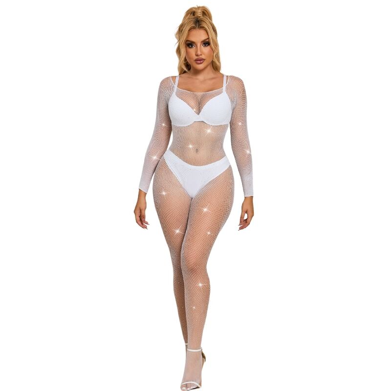 SUBBLIME – 952396 BODYSTOCKING A RETE CON STRASS MANICA LUNGA BIANCO TAGLIA UNICA